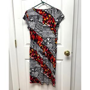 Joseph Ribkoff Dress Abstract Print Faux Wrap V Neck Ruched Multicolor  Size 12